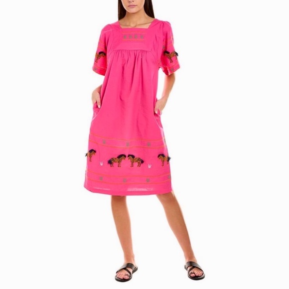 NWOT$398 Frances Valentine picnic Zebra Embroidered cotton/linen dress Pink S